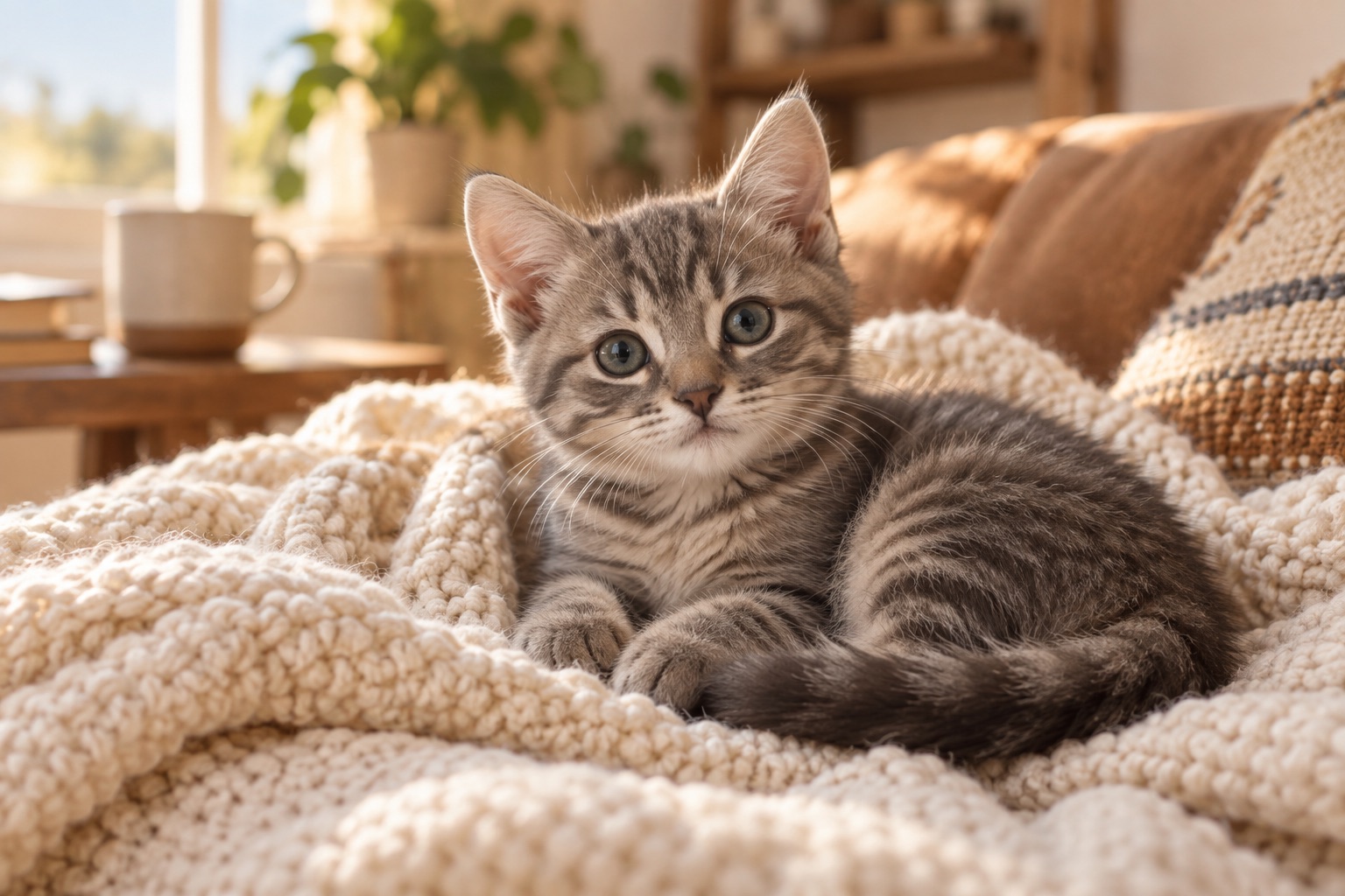 Котёнок отдыхает на мягком пледе